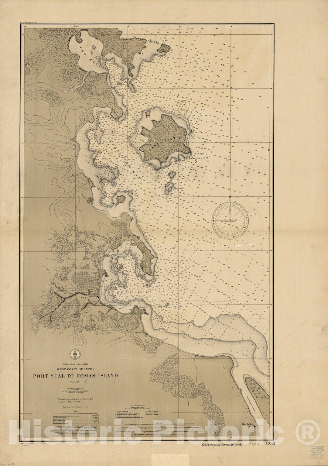 Map : Port Sual to Comas Island, Philippines 1904, Philippine Islands, west coast of Luzon : Port Sual to Comas Island , Antique Vintage Reproduction