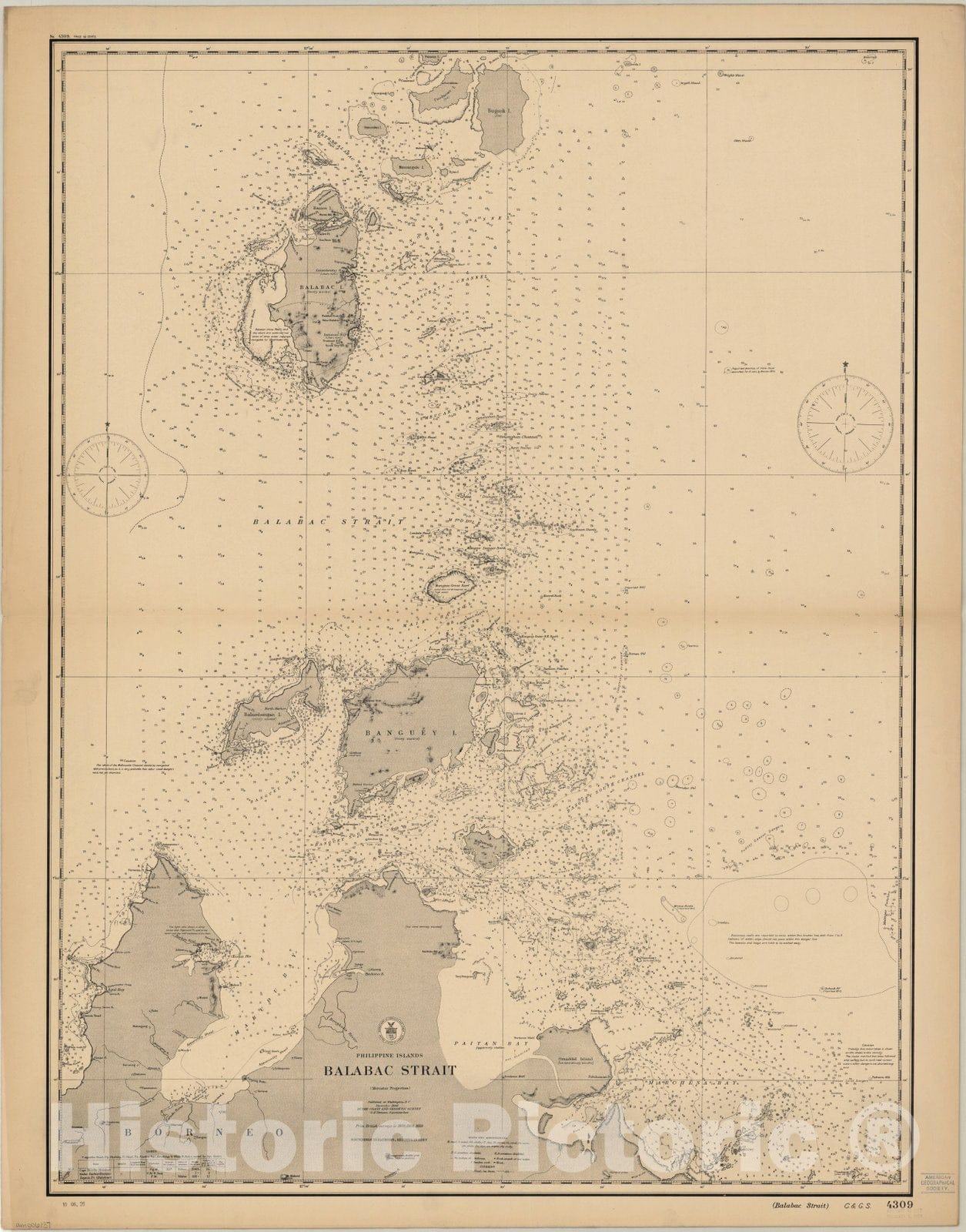 Map : Balabac Strait, Philippines 1906, Philippine Islands, Balabac Strait , Antique Vintage Reproduction