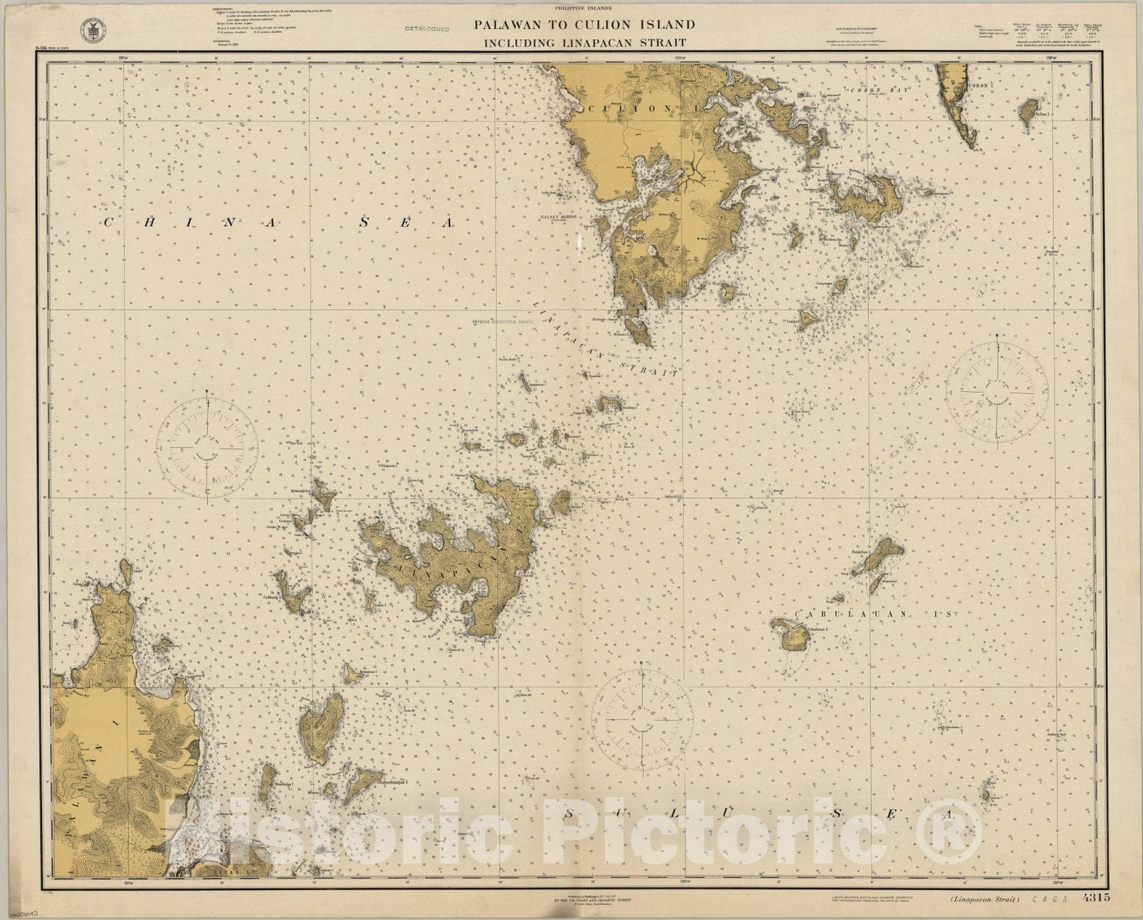 Map : Palawan to Culion Island, Philippines 1917, Philippine Islands, Palawan to Culion Island including Linapacan Strait , Antique Vintage Reproduction