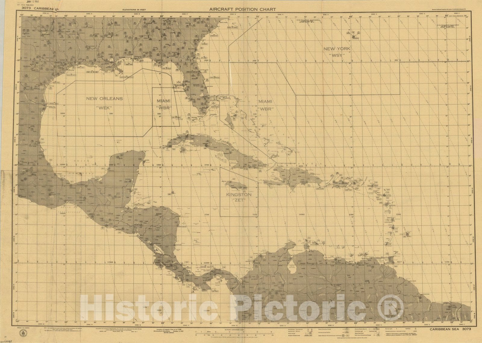 Map : Caribbean Area 1951, Aircraft position chart : Caribbean Sea , Antique Vintage Reproduction