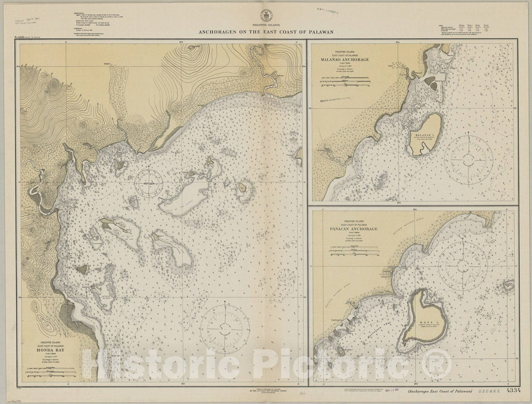 Map : Palawan, Philippines 1921, Philippine Islands, anchorages on the east coast of Palawan , Antique Vintage Reproduction