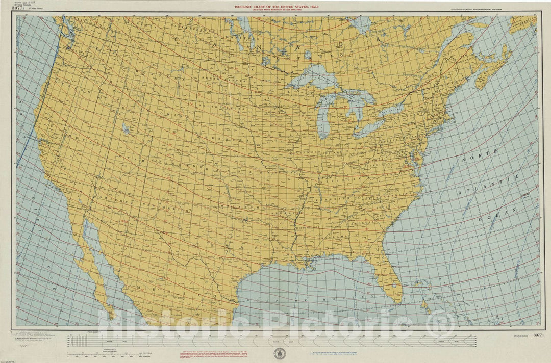 Historic Map : United States 1955, Isoclinic chart of the United States, 1955.0 : lines of equal magnetic inclination (DIP) and equal annual change , Antique Vintage Reproduction