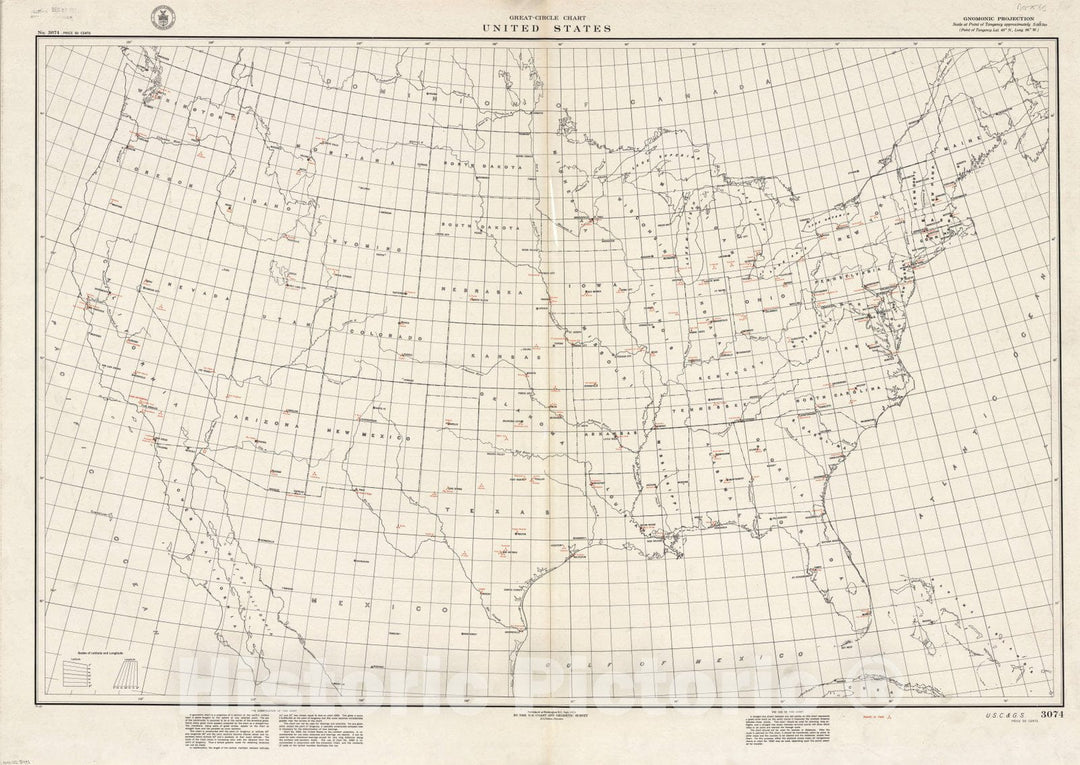 Map : United States 1934, United States, great-circle outline chart , Antique Vintage Reproduction