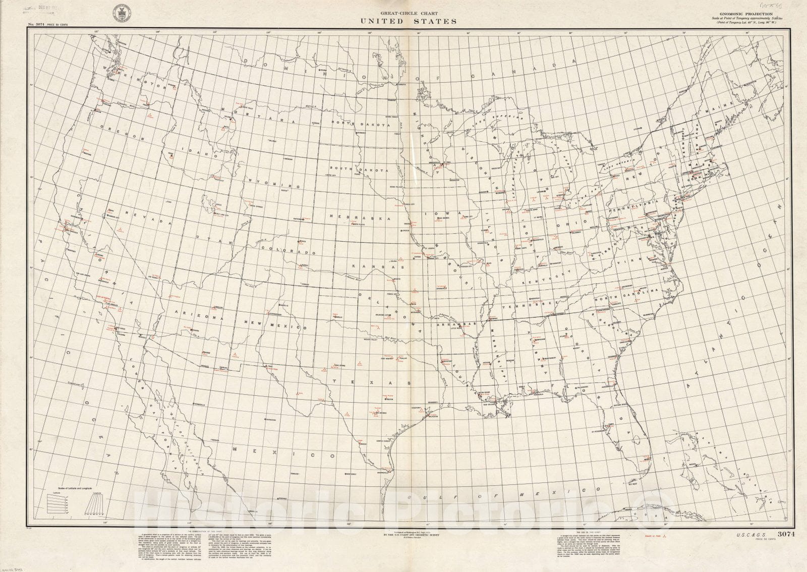 Map : United States 1934, United States, great-circle outline chart , Antique Vintage Reproduction