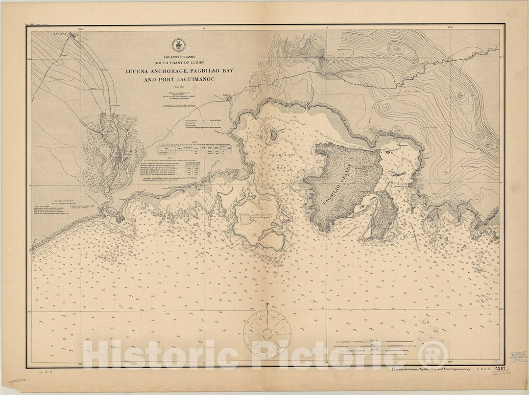 Map : Lucena Anchorage, Philippines 1907, Philippine Islands, south coast of Luzon : Lucena Anchorage, Pagbilao Bay and Port Laguimanoc , Antique Vintage Reproduction