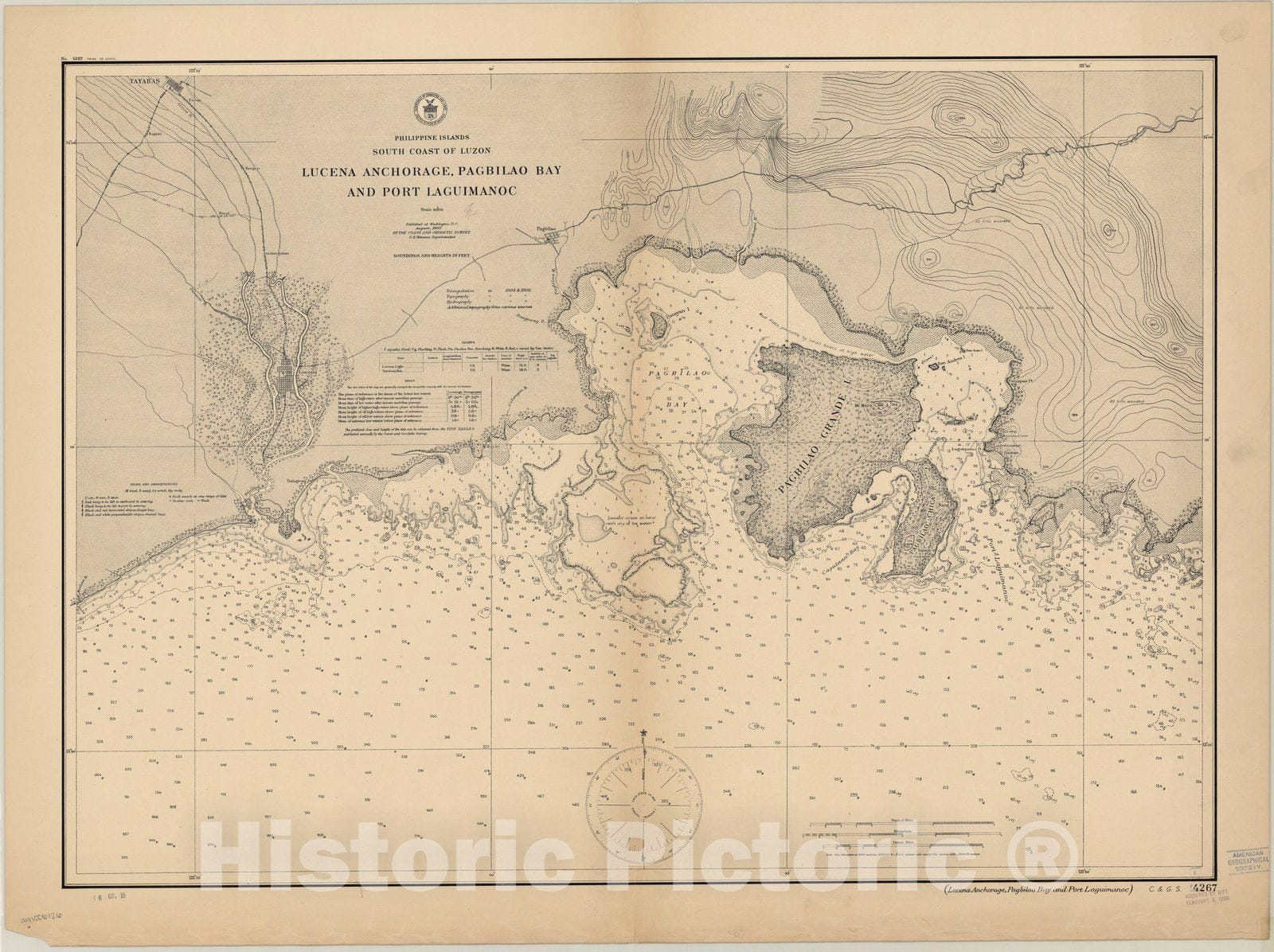 Map : Lucena Anchorage, Philippines 1907, Philippine Islands, south coast of Luzon : Lucena Anchorage, Pagbilao Bay and Port Laguimanoc , Antique Vintage Reproduction