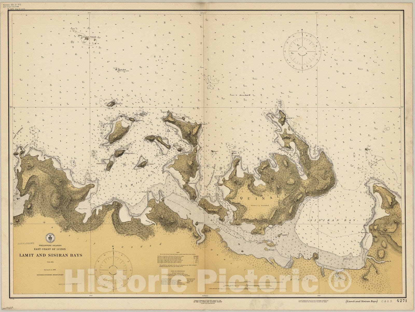 Map : Lamit and Sisiran Bays, Philippines 1917, Philippine Islands, east coast of Luzon : Lamit and Sisiran Bays , Antique Vintage Reproduction