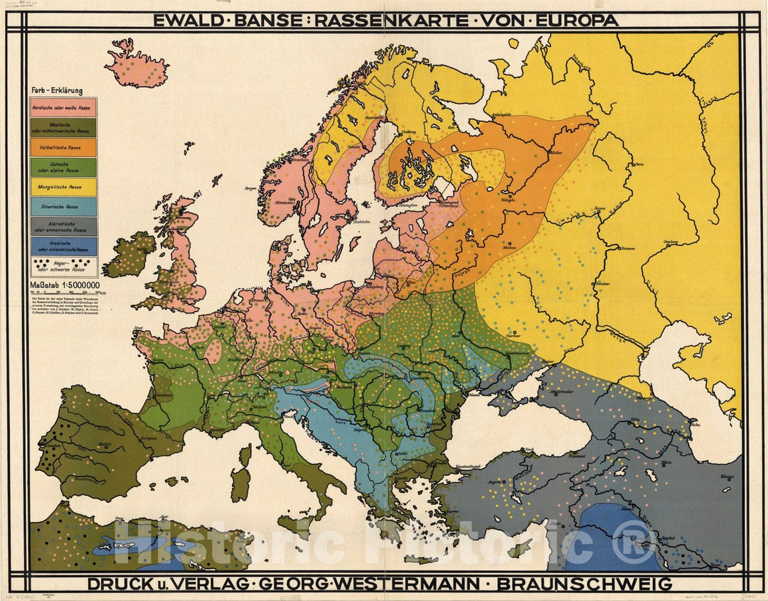 Map : Europe 1925, Rassenkarte von Europa , Antique Vintage Reproduction