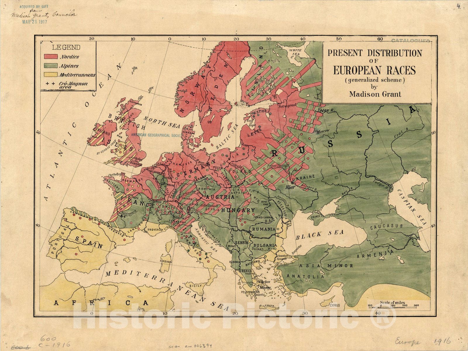 Map : Europe 1916, Present distribution of European races (generalized scheme) [Europe] , Antique Vintage Reproduction