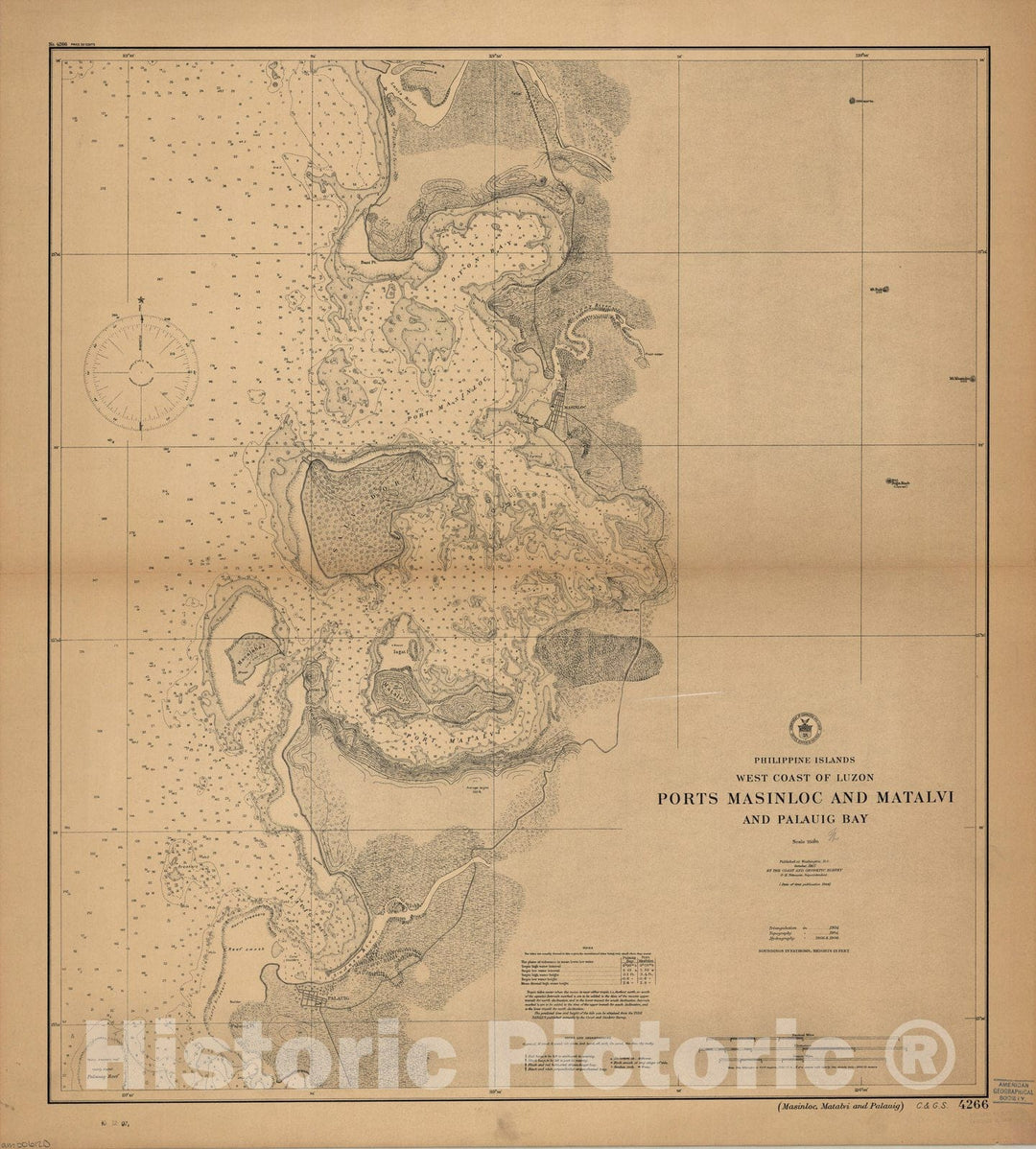 Map : Palauig Bay, Philippines 1907, Philippine Islands, west coast of Luzon, ports Masinloc and Matalvi and Palauig Bay , Antique Vintage Reproduction