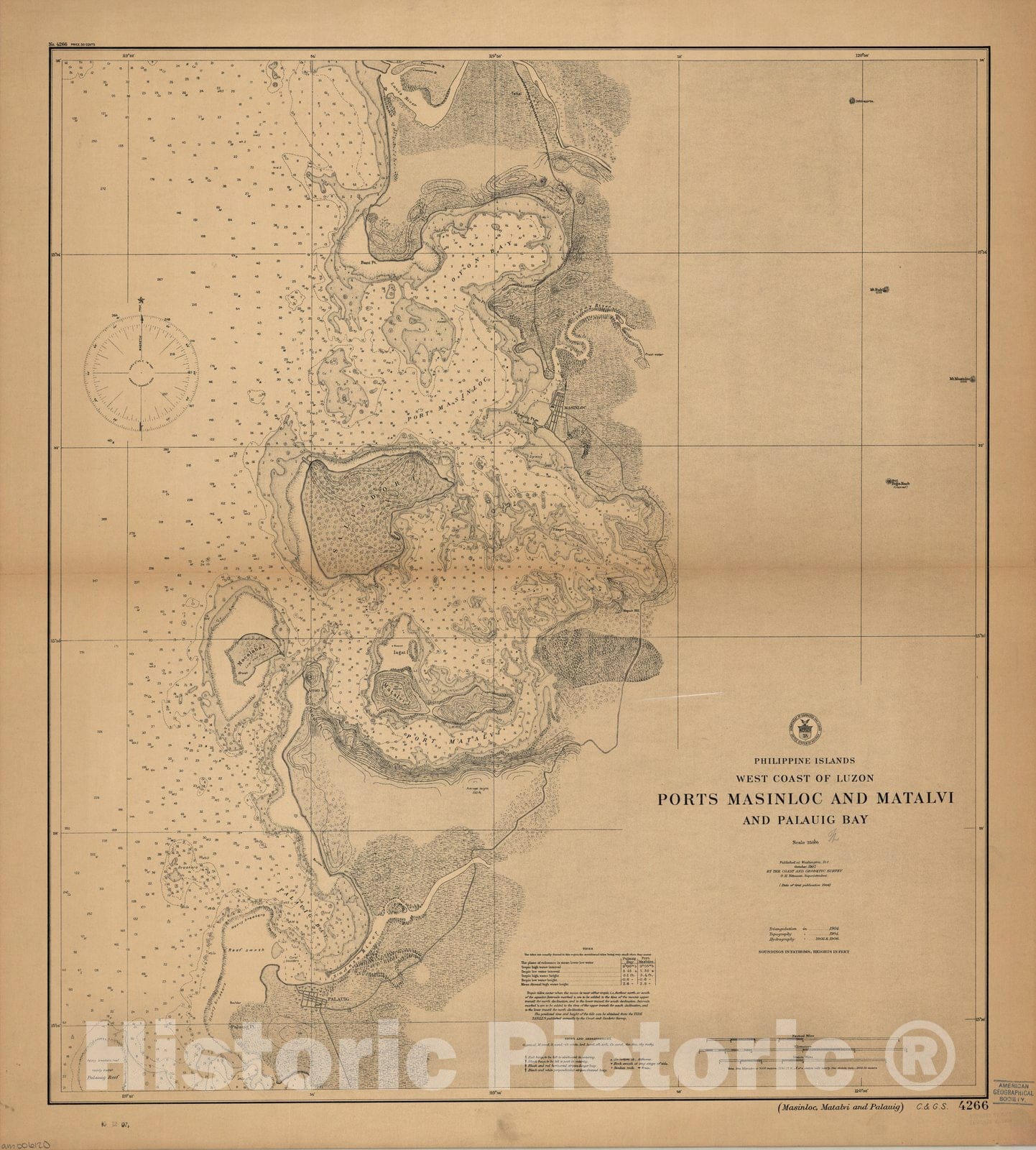 Map : Palauig Bay, Philippines 1907, Philippine Islands, west coast of Luzon, ports Masinloc and Matalvi and Palauig Bay , Antique Vintage Reproduction