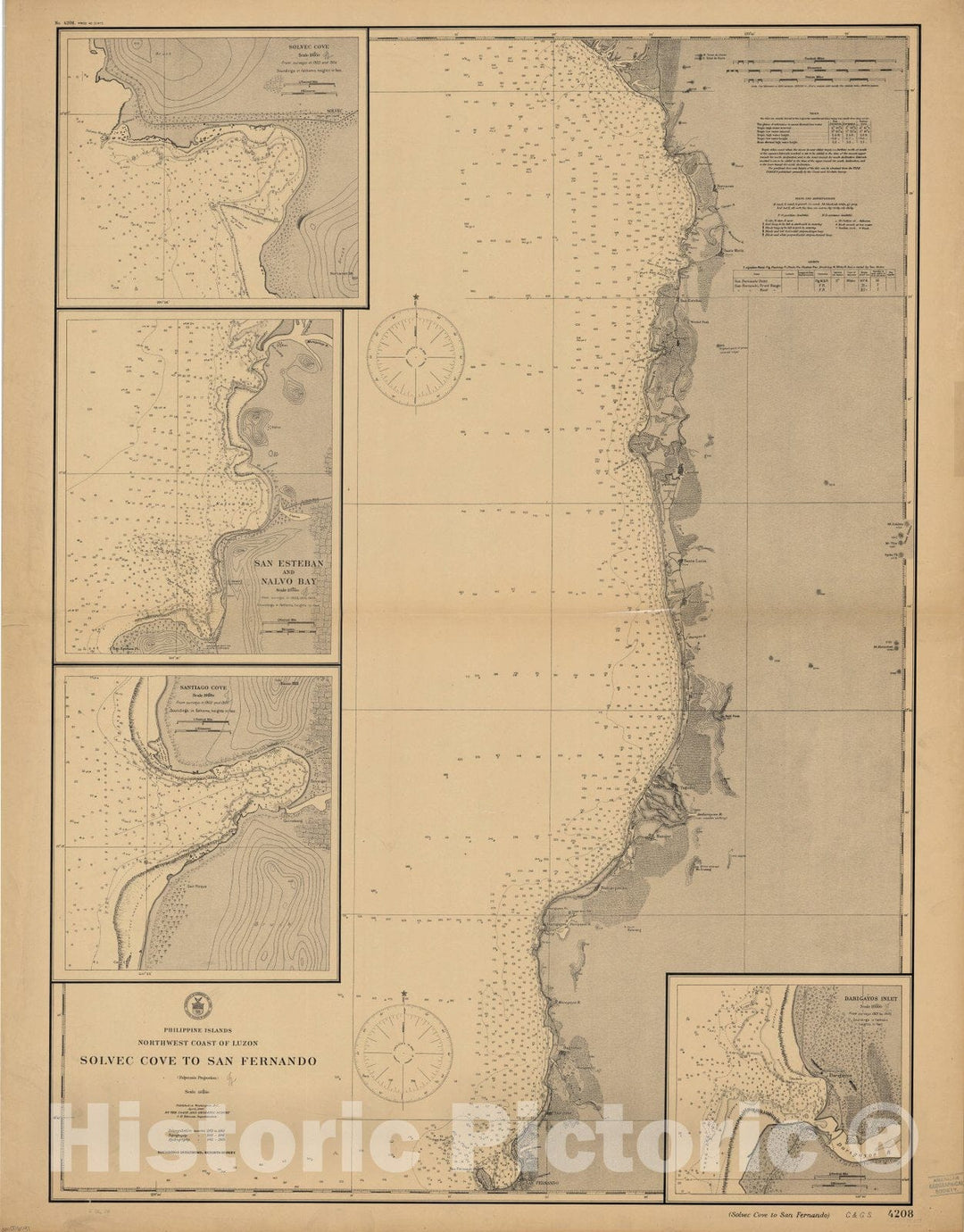 Map : Solvec Cove to San Fernando, Philippines 1906, Philippine Islands, northwest coast of Luzon : Solvec Cove to San Fernando , Antique Vintage Reproduction