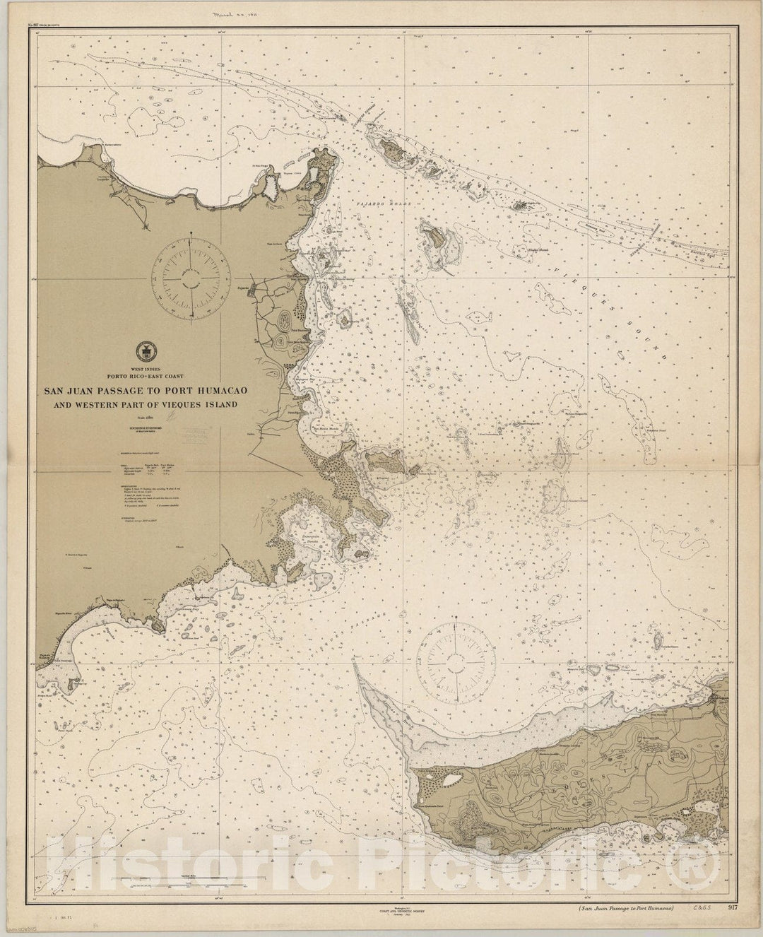 Historic Map : Port Humacao, Puerto Rico 1911, West Indies, Porto Rico - East Coast : San Juan Passage to Port Humacao and western part of Vieques Island , Antique Vintage Reproduction