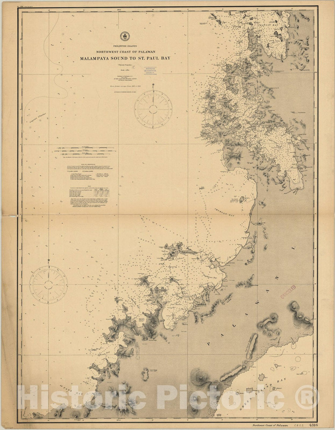 Map : Palawan, Philippines 1905, Philippine Islands, northwest coast of Palawan : Malampaya Sound to St. Paul Bay , Antique Vintage Reproduction