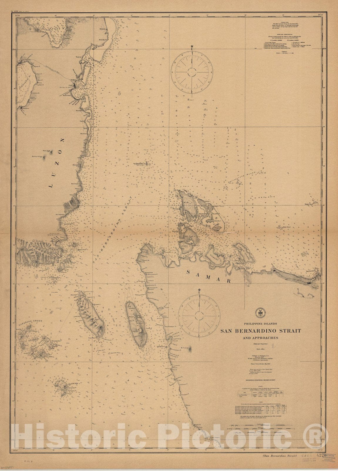 Map : San Bernardino Strait, Philippines 1907, Philippine Islands, San Bernardino Strait and approaches , Antique Vintage Reproduction