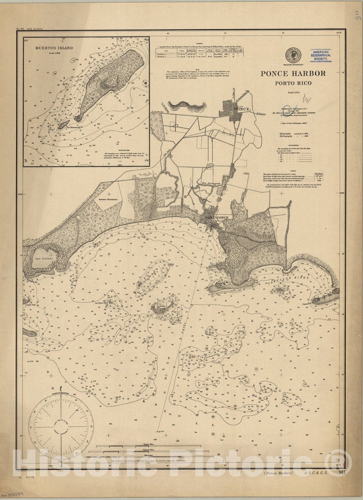 Map : Ponce Harbor, Puerto Rico 1901, Ponce Harbor, Porto Rico , Antique Vintage Reproduction