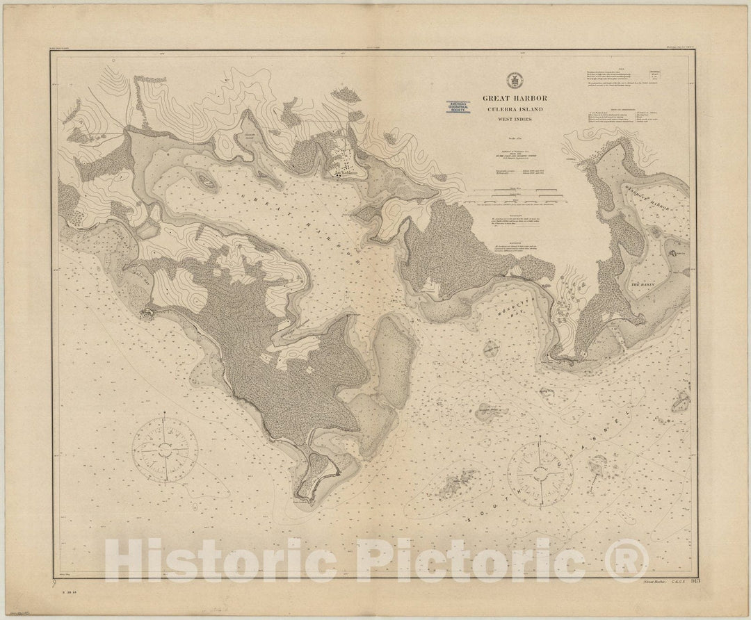 Map : Culebra Island, Puerto Rico 1914, Great Harbor : Culebra Island, West Indies , Antique Vintage Reproduction