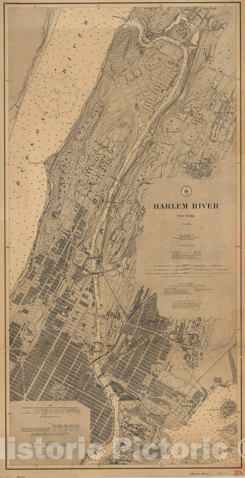 Map : Harlem River, New York 1908, Harlem River, New York , Antique Vintage Reproduction