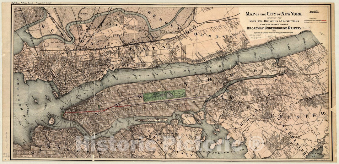 Historic Map : New York City, New York 1873, Map of the city of New York showing the main line, branches & connections of the Beach Pneumatic Company's Broadway Underground Railway