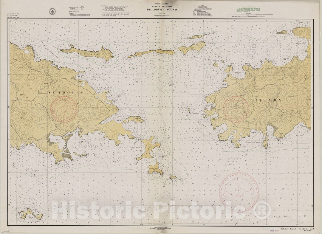 Map : Virgin Islands 1941, West Indies, Virgin Islands : Pillsbury Sound , Antique Vintage Reproduction