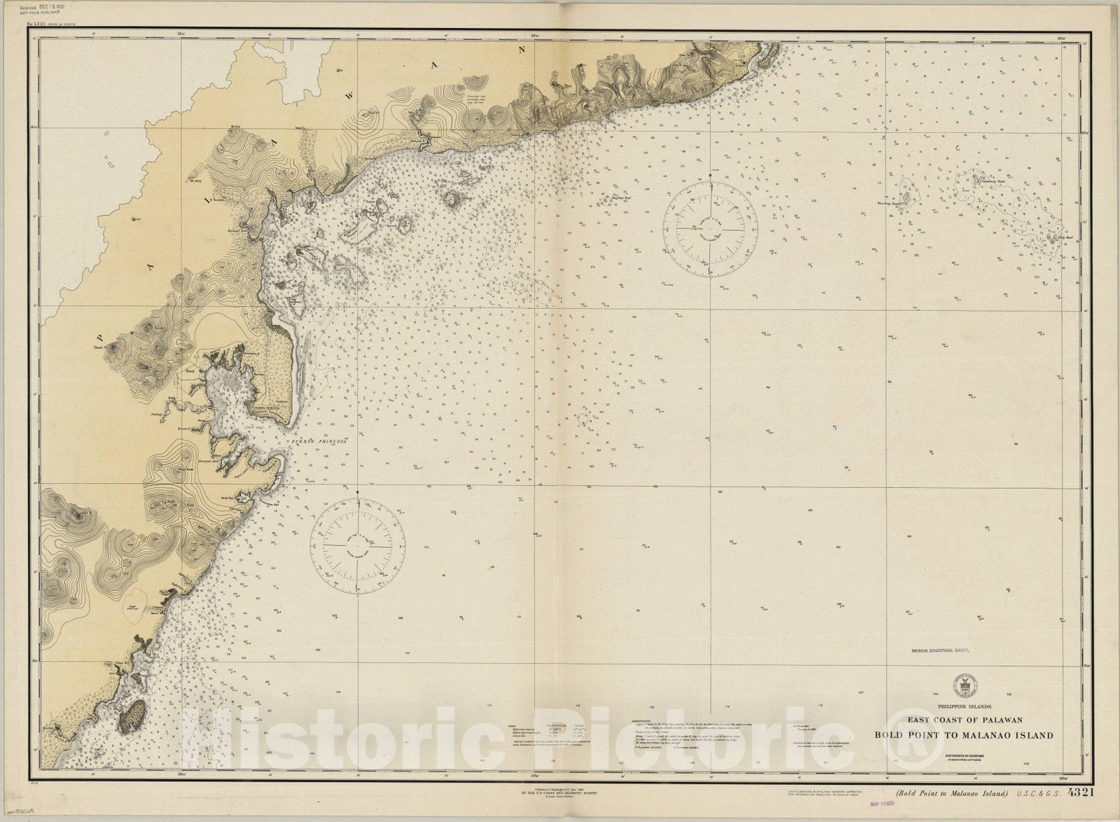 Map : Palawan Island, Philippines 1920, Philippine Islands, east coast of Palawan : Bold Point to Malanao Island , Antique Vintage Reproduction