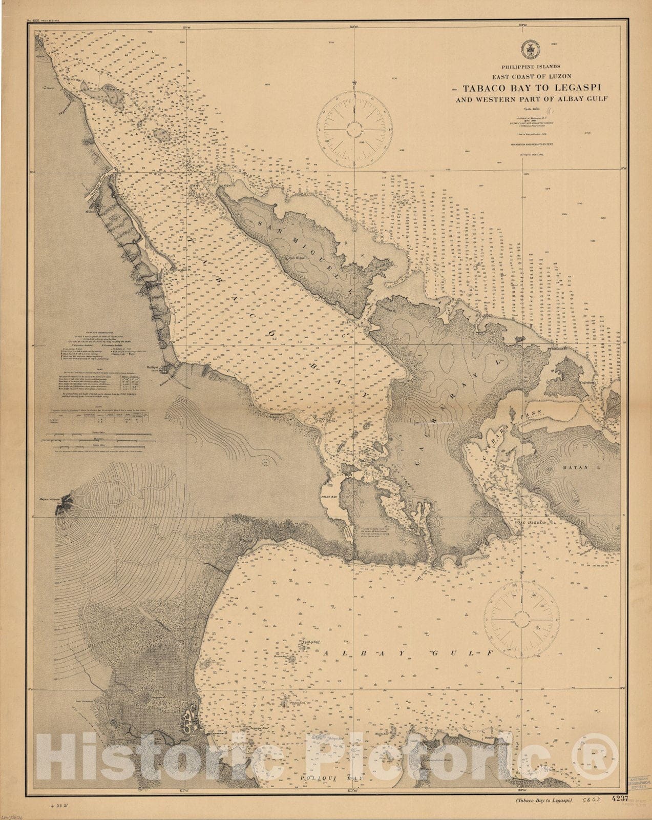 Historic Map : Tabaco Bay to Legaspi, Philippines 1908, Philippine Islands, east coast of Luzon : Tabaco Bay to Legaspi and western part of Albay Gulf , Antique Vintage Reproduction