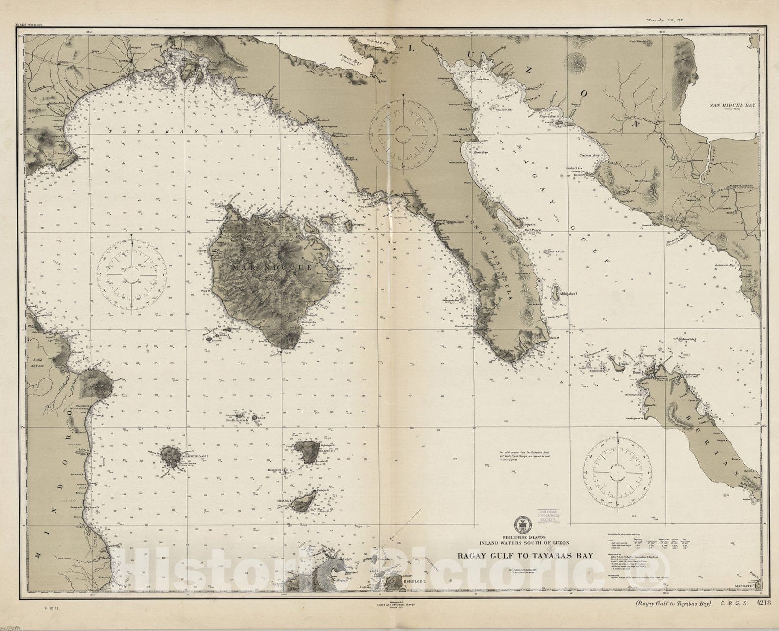 Map : Ragay Gulf to Tayabas Bay, Philippines 1911, Philippine Islands, inland waters south of Luzon : Ragay Gulf to Tayabas Bay , Antique Vintage Reproduction