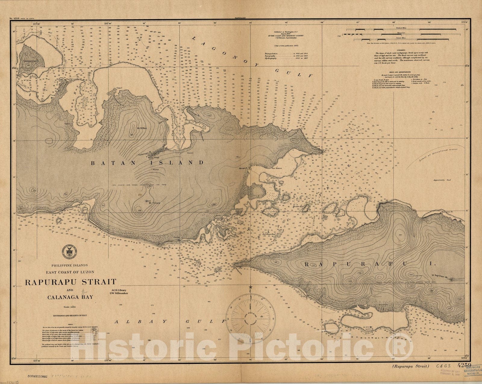 Map : Rapurapu Strait and Calanaga Bay, Philippines 1906, Philippine Islands, east coast of Luzon : Rapurapu Strait and Calanaga Bay , Antique Vintage Reproduction