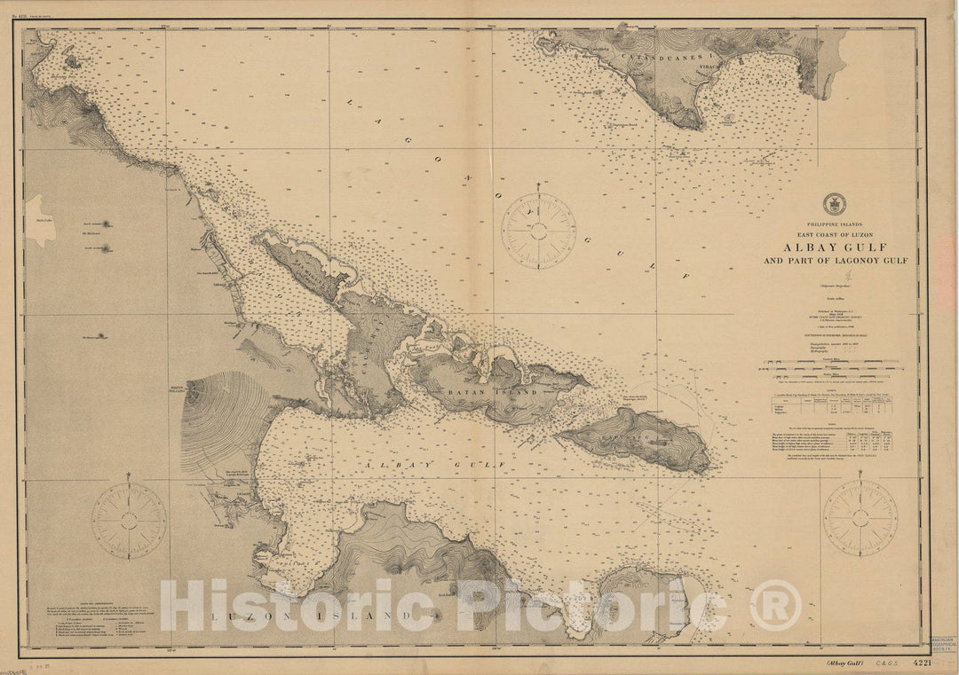 Map : Albay and Lagonoy Gulfs, Philippines 1908, Philippine Islands, east coast of Luzon : Albay Gulf and part of Lagonoy Gulf , Antique Vintage Reproduction