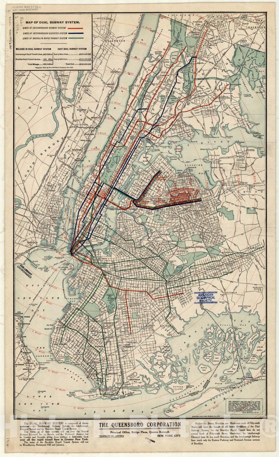 Map : New York City, New York 1914, Map of dual subway system , Antique Vintage Reproduction