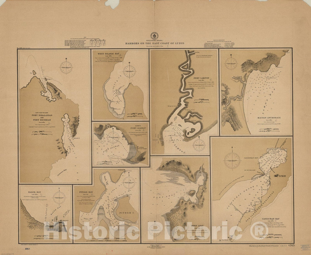 Map : Luzon, Philippines 1905, Philippine Islands, harbors on the east coast of Luzon , Antique Vintage Reproduction