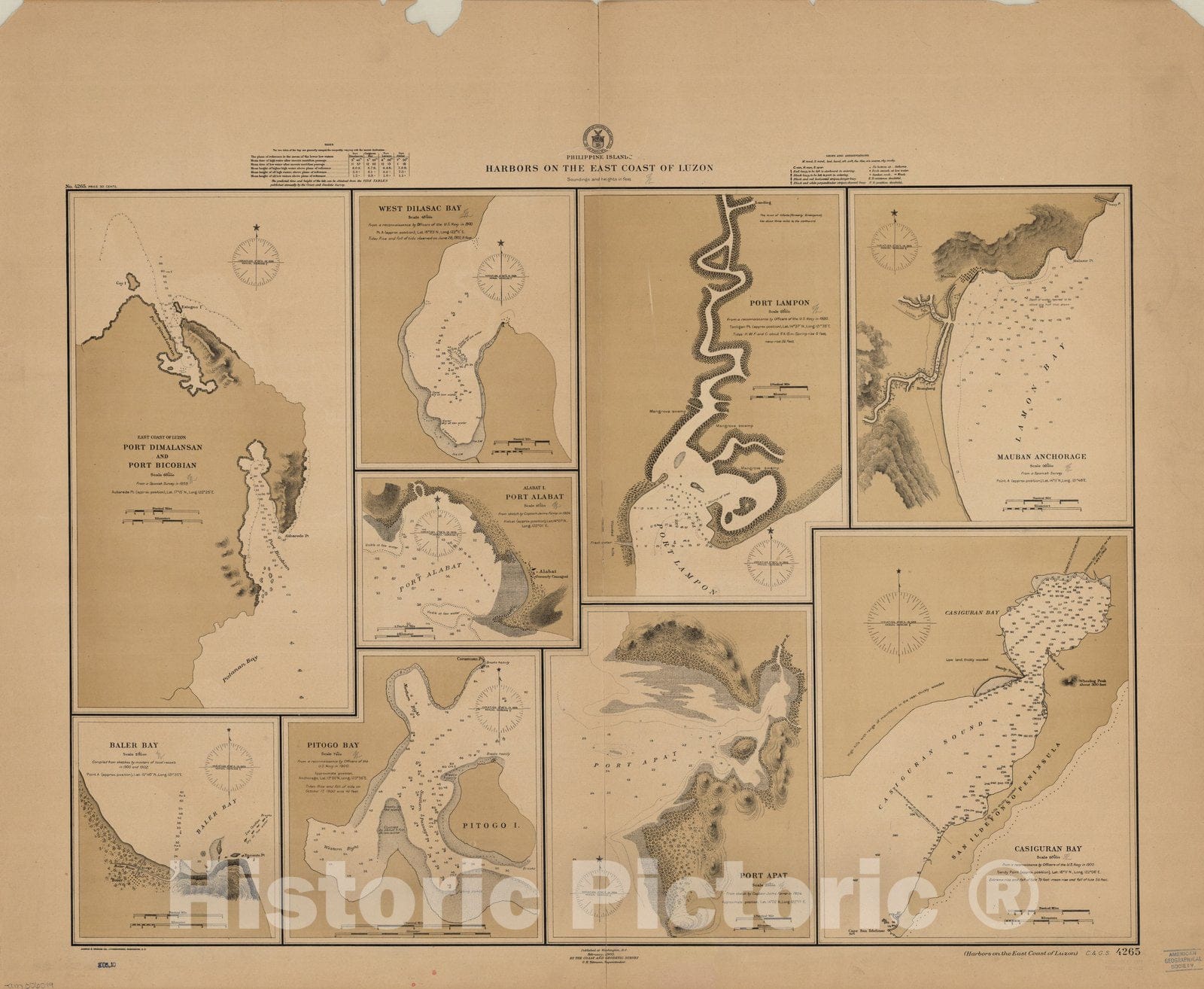 Map : Luzon, Philippines 1905, Philippine Islands, harbors on the east coast of Luzon , Antique Vintage Reproduction