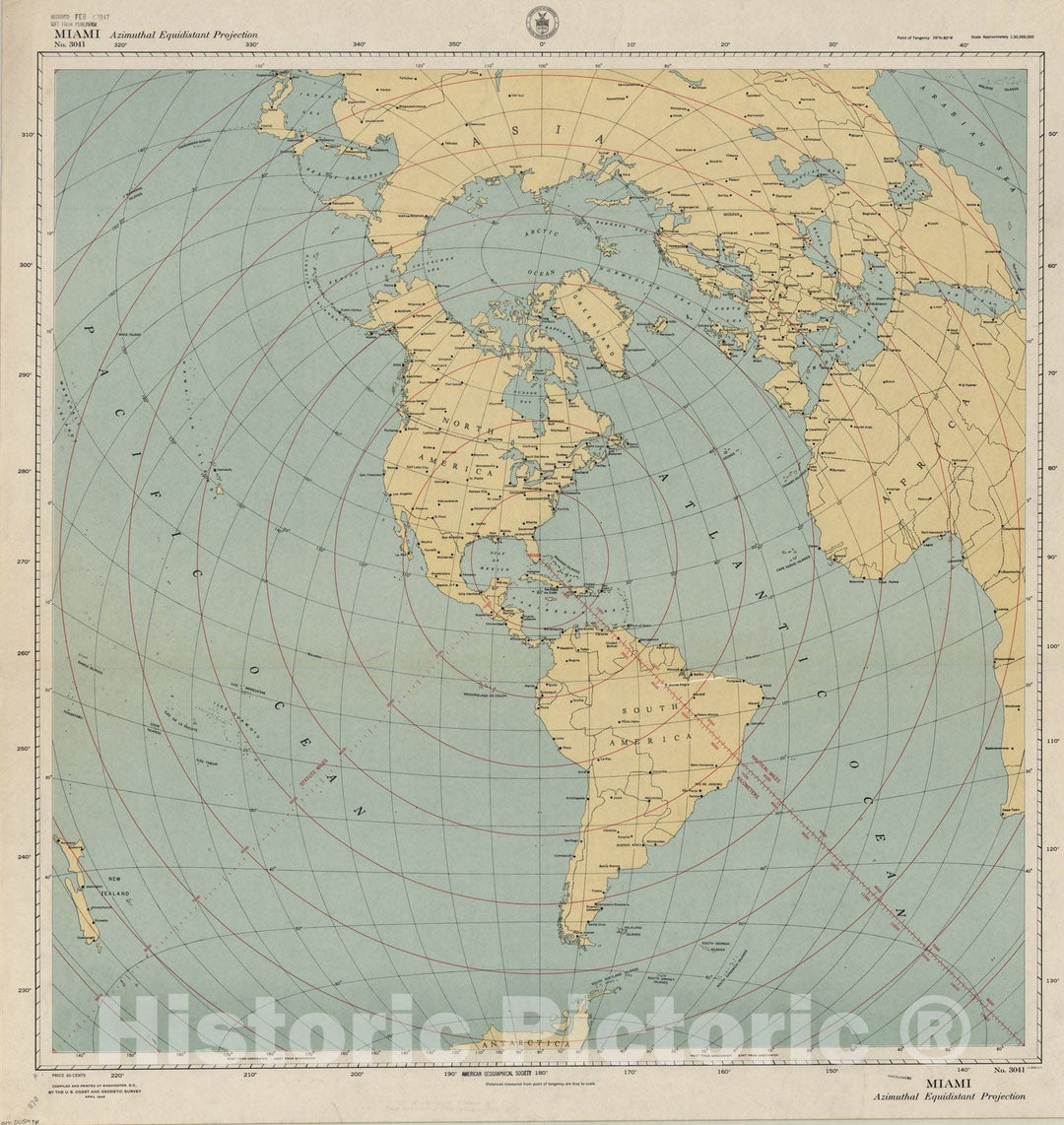 Map : Miami, Florida 1945, Miami, Azimuthal equidistant projection , Antique Vintage Reproduction