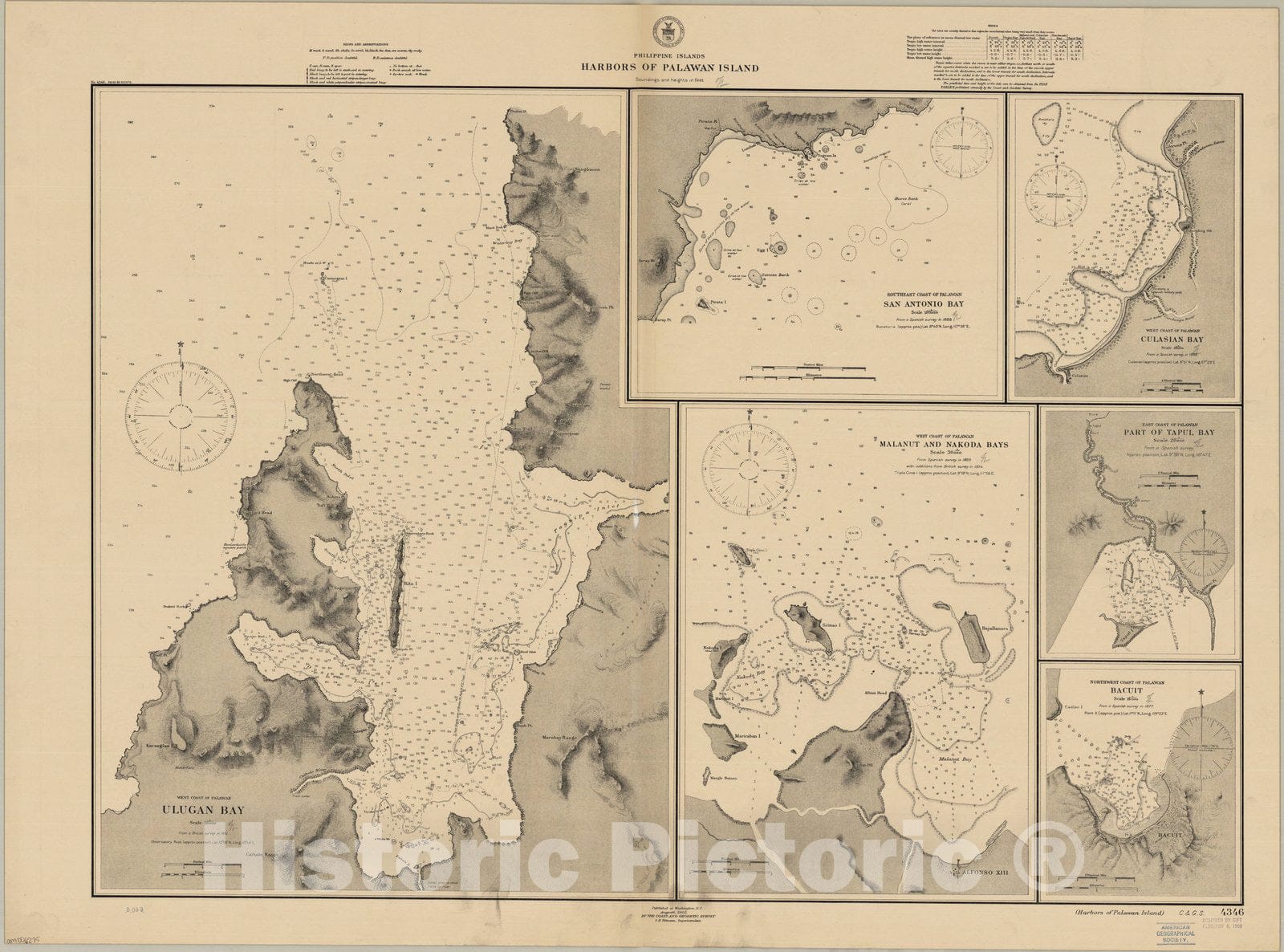 Map : Palawan Island, Philippines 1905, Philippine Islands, harbors of Palawan Island , Antique Vintage Reproduction