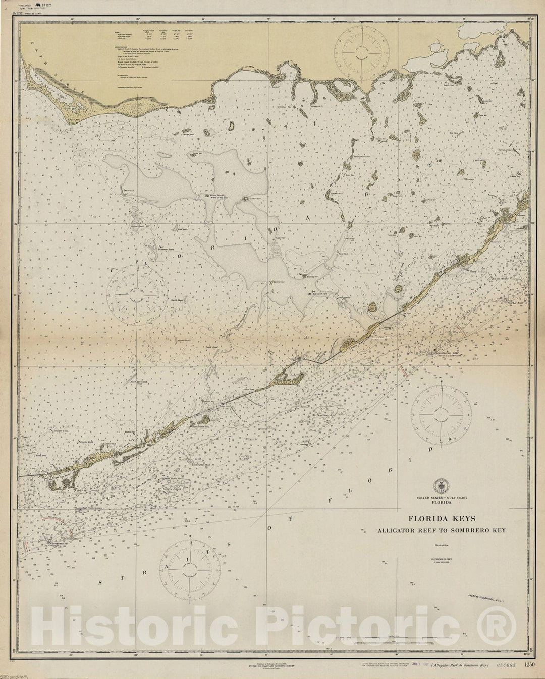 Map : Gulf Coast, Florida 1921, United States - Gulf Coast, Florida : Florida Keys, Alligator Reef to Sombrero Bay , Antique Vintage Reproduction