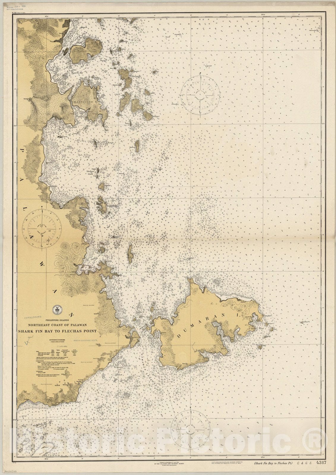 Map : Palawan, Philippines 1918, Philippine Islands, northeast coast of Palawan : Shark Fin Bay to Flechas Point , Antique Vintage Reproduction