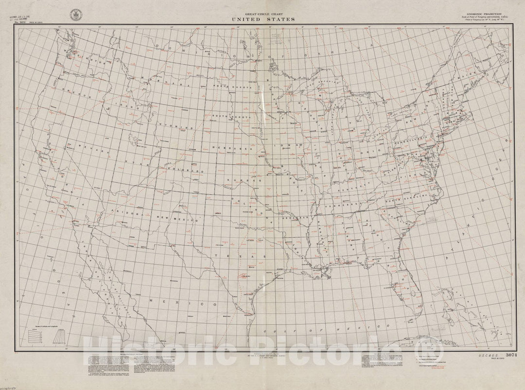 Map : United States 1941, Great-circle chart, United States , Antique Vintage Reproduction