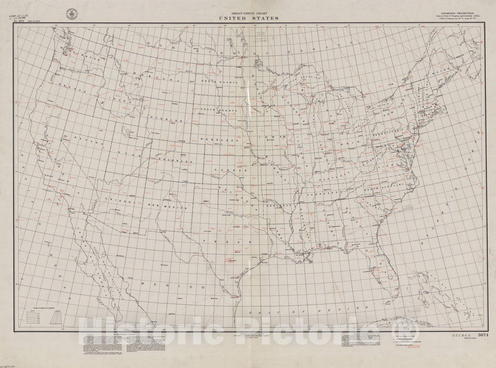 Map : United States 1941, Great-circle chart, United States , Antique Vintage Reproduction