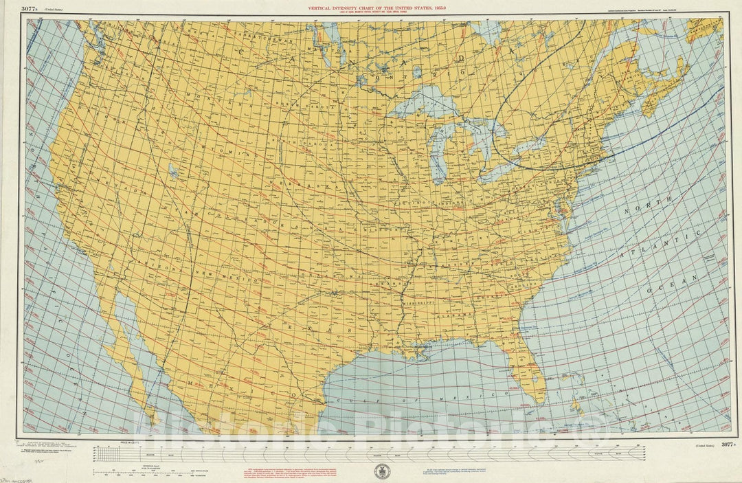 Map : United States 1955, Vertical intensity chart of the United States, 1955.0 : lines of equal magnetic vertical intensity and equal annual change