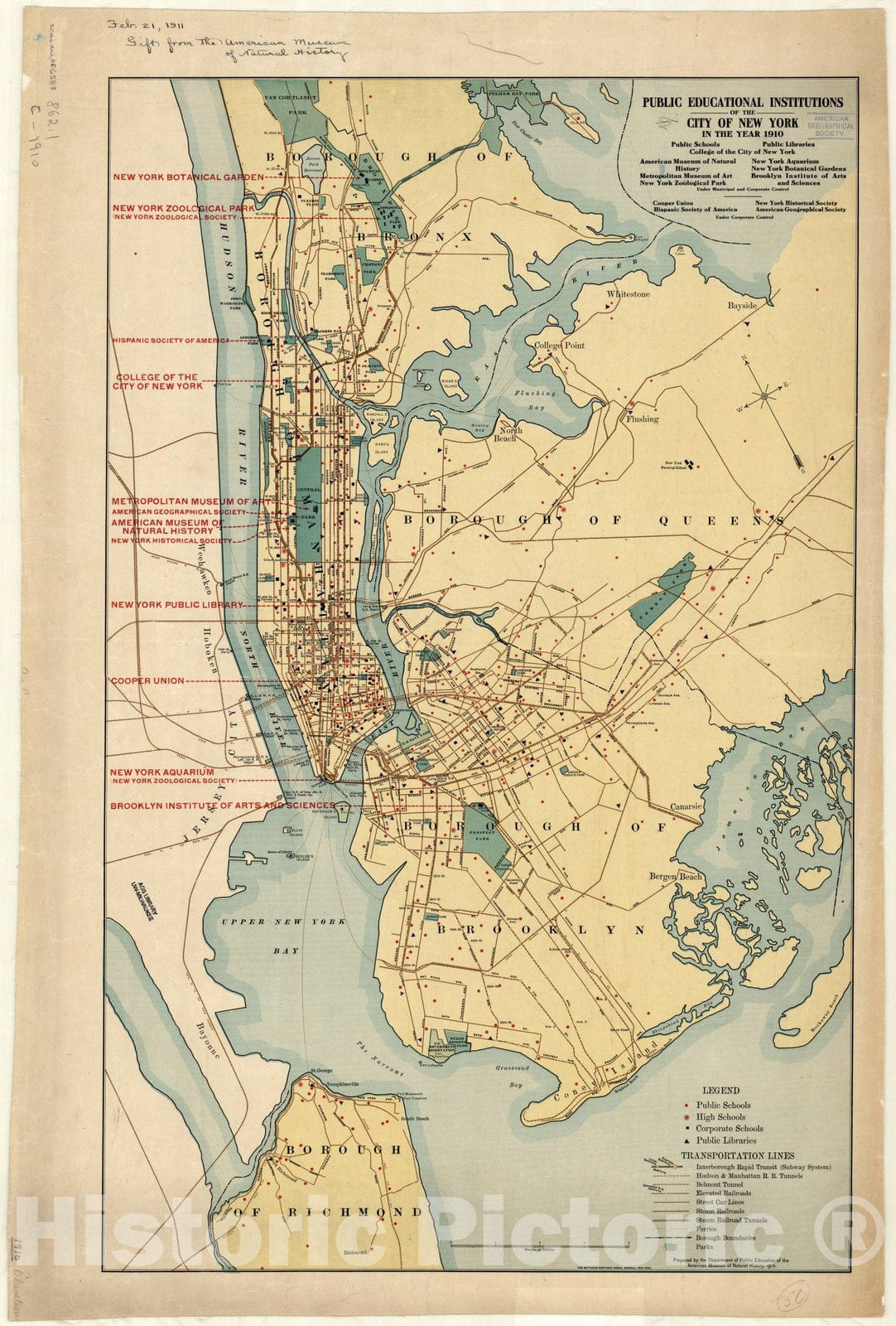 Map : New York City, New York 1910, Public educational institutions of the city of New York in the year 1910 , Antique Vintage Reproduction