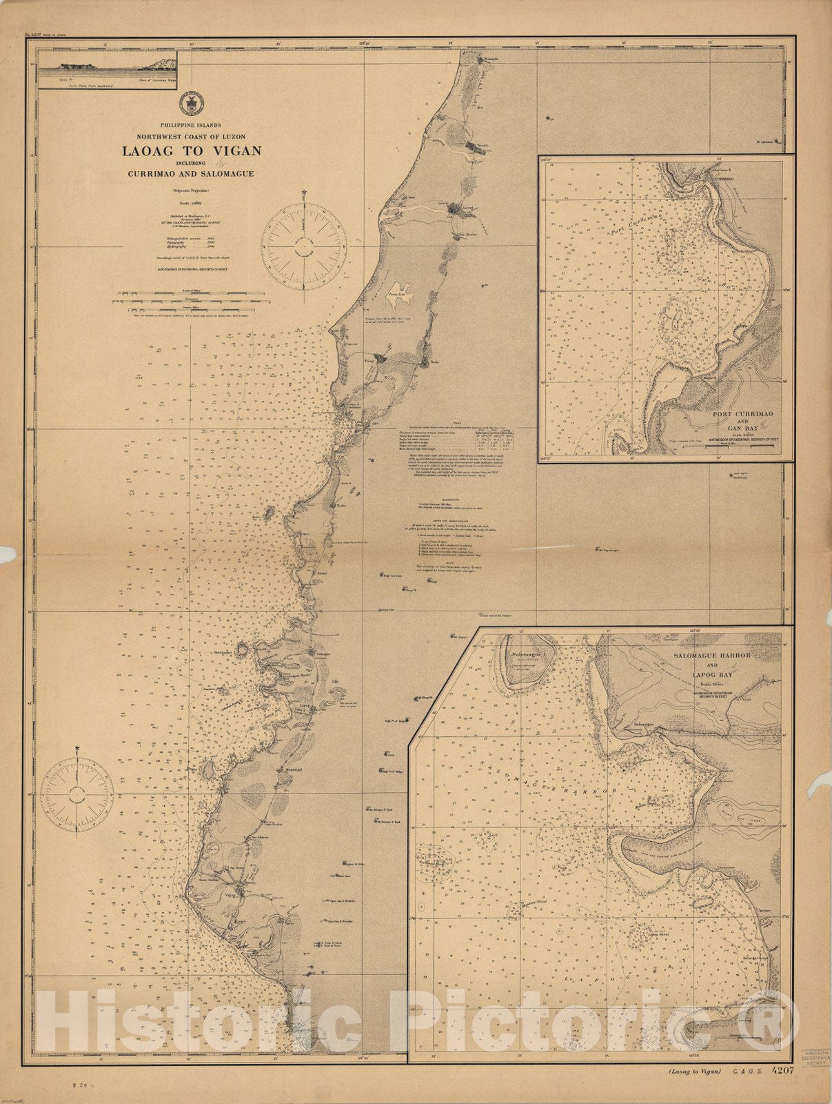 Map : Luzon, Philippines 1906, Philippine Islands, northwest coast of Luzon : Laoag to Vigan including Currimao and Salomague , Antique Vintage Reproduction