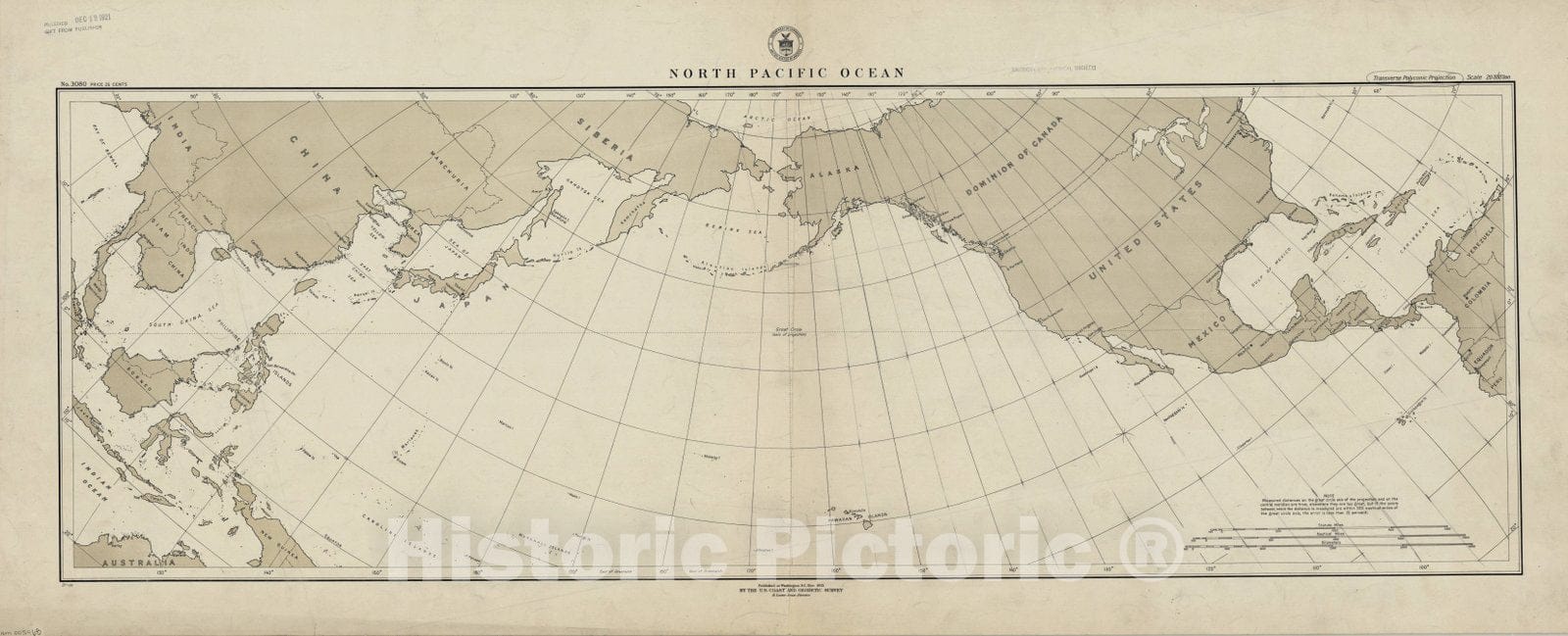 Map : North Pacific 1921, North Pacific Ocean , Antique Vintage Reproduction