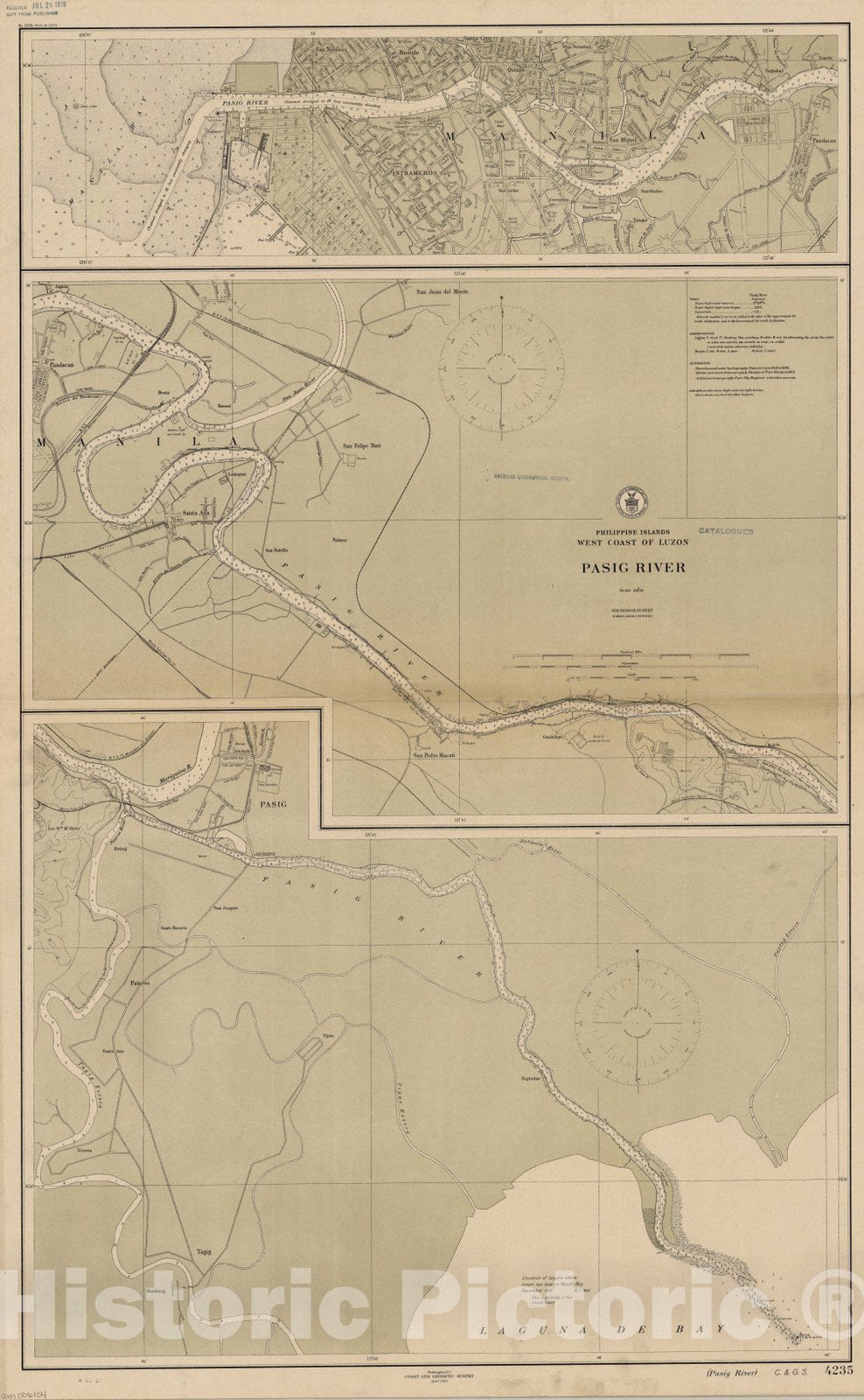 Map : Luzon, Philippines 1913, Philippine Islands, west coast of Luzon : Pasig River , Antique Vintage Reproduction