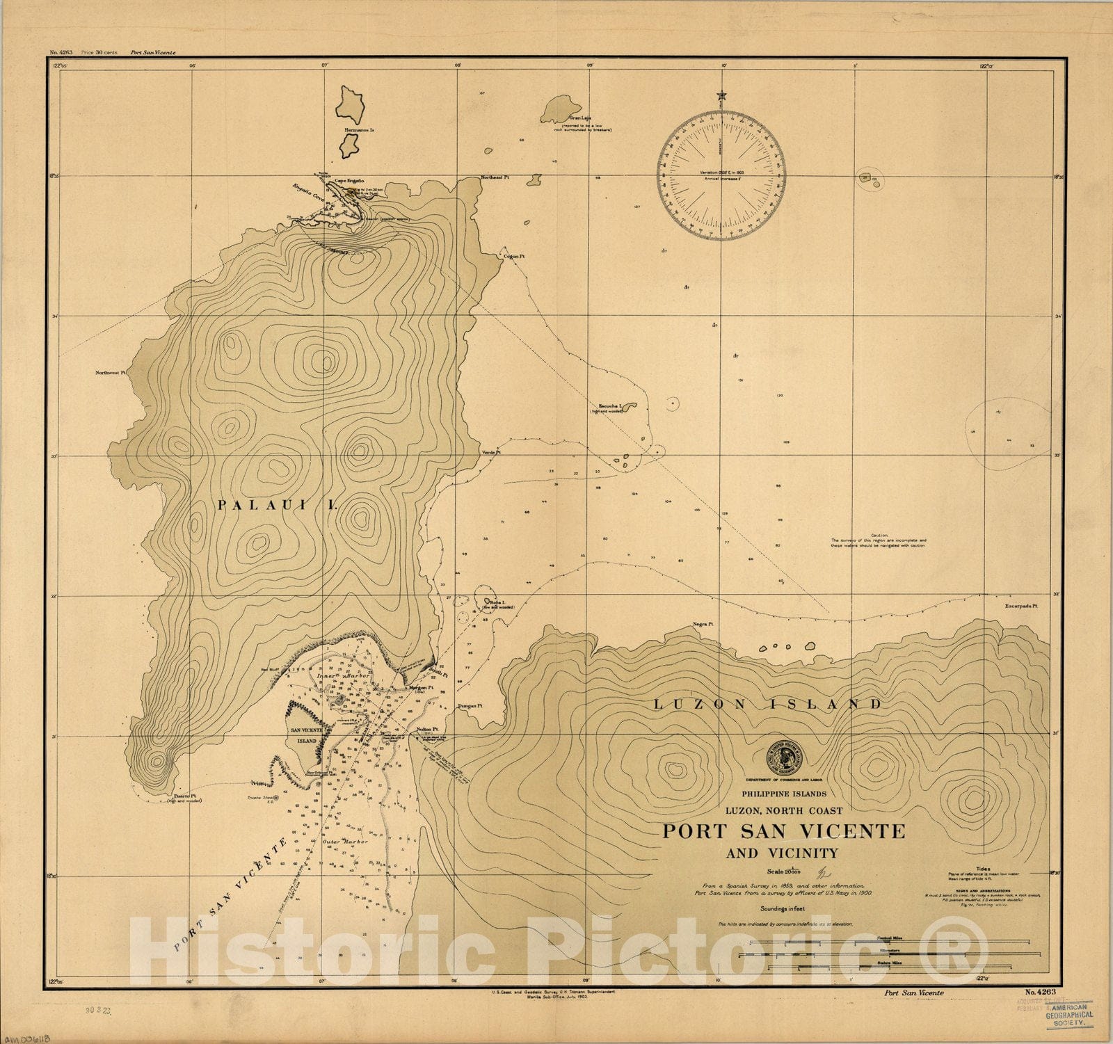 Map : San Vicente Bay, Philippines 1903, Philippine Islands, Luzon, North Coast, Port San Vicente and vicinity , Antique Vintage Reproduction