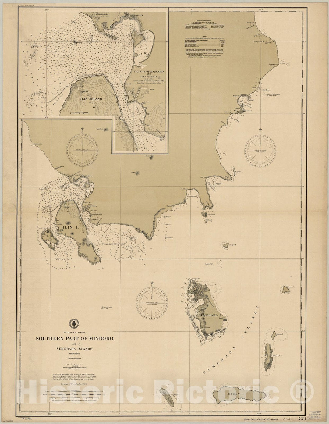 Map : Mindoro, Philippines 1904, Philippine Islands, southern part of Mindoro and Semerara Islands , Antique Vintage Reproduction