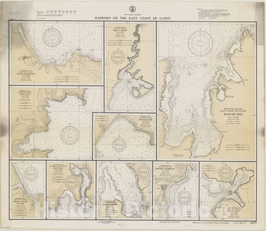 Map : Luzon, Philippines 1933, Philippine Islands, harbors on the east coast of Luzon , Antique Vintage Reproduction