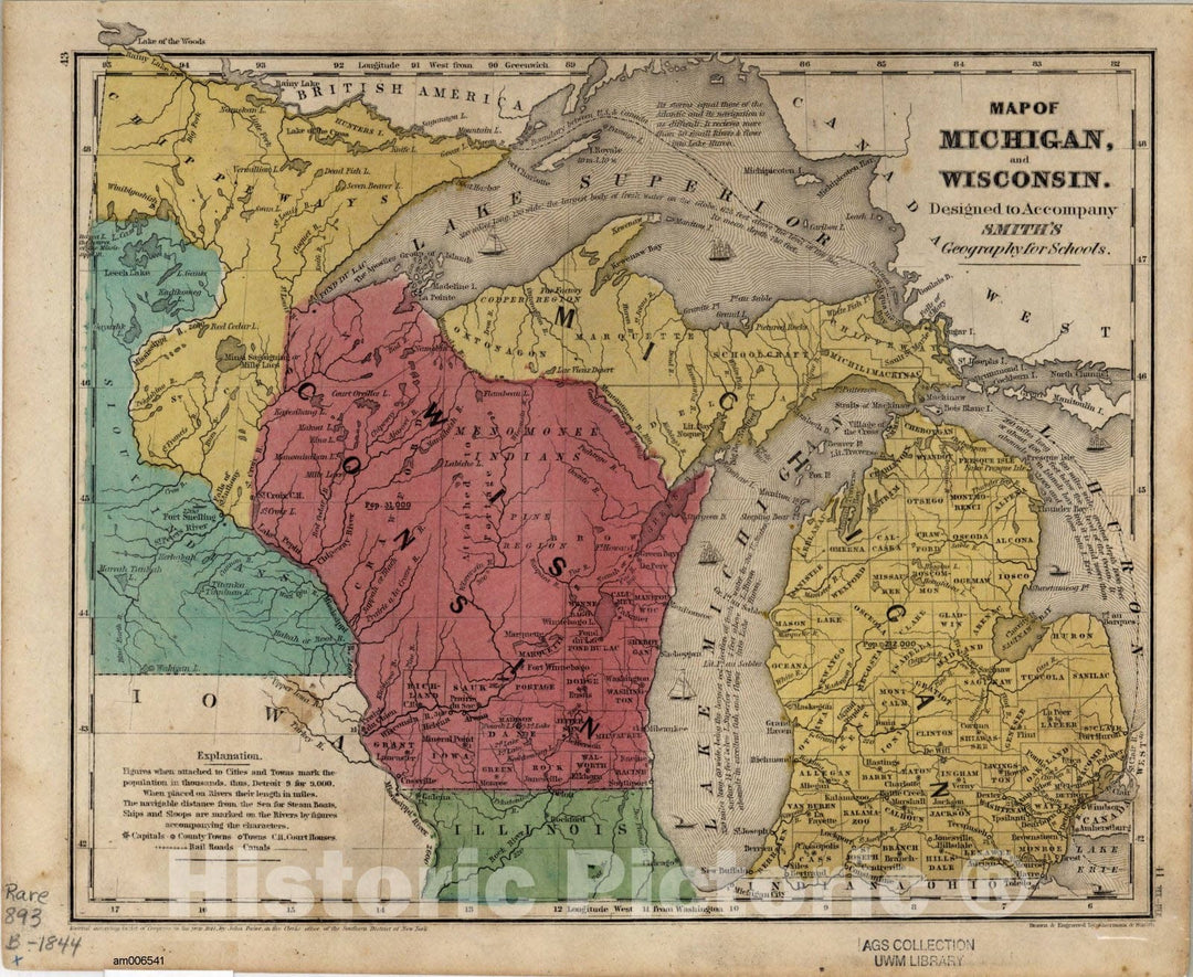 Map : Wisconsin and Michigan 1844, Map of Michigan and Wisconsin : designed to accompany Smith's Geography for schools., Antique Vintage Reproduction