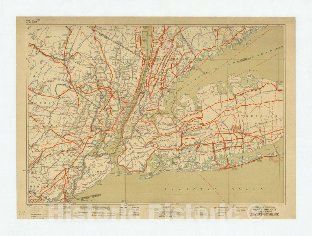 Historic Map : New York City, New York 1943, New York City and vicinity transportation map : Highways, railroads, canals, air lanes, and dredged channels , Antique Vintage Reproduction