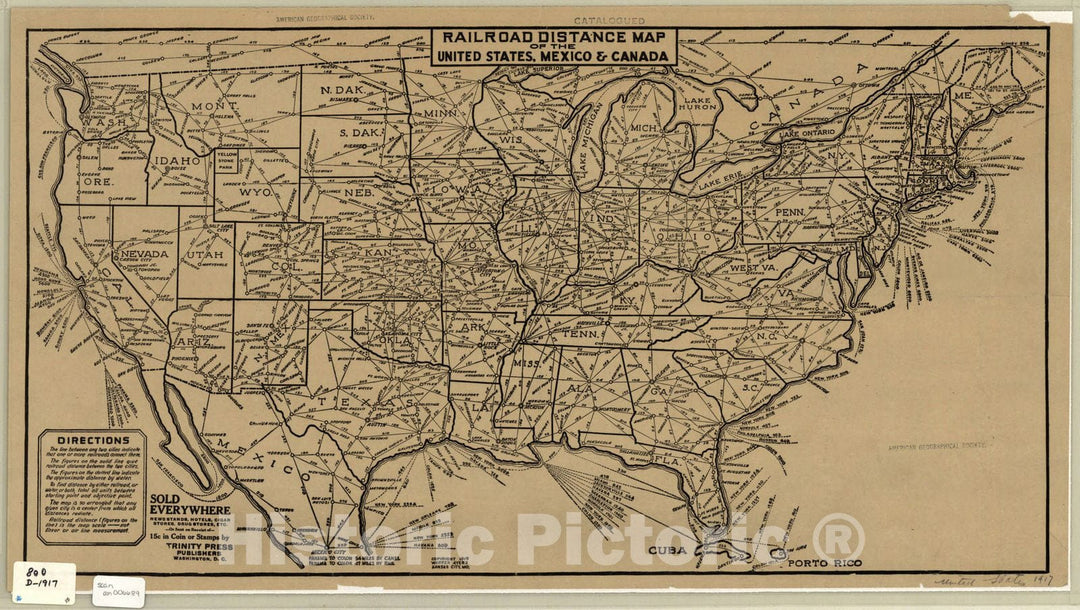 Map : United States 1917, Railroad distance map of the United States, Mexico & Canada , Antique Vintage Reproduction