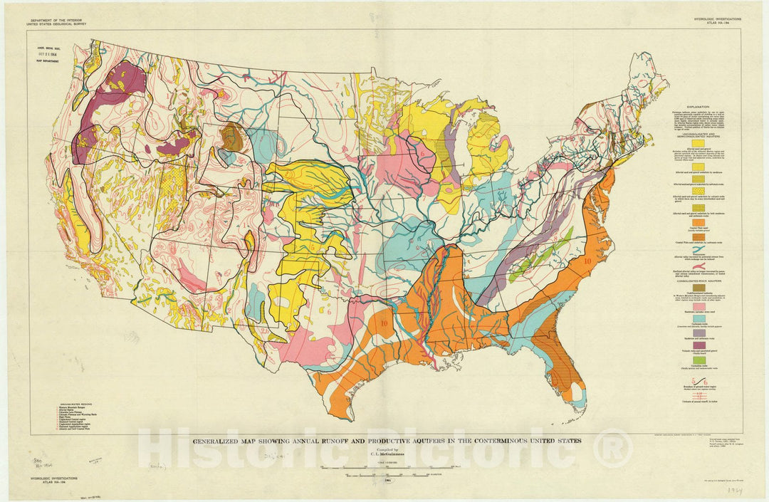 Map : United States 1964, Generalized map showing annual runoff and productive aquifers in the conterminous United States , Antique Vintage Reproduction